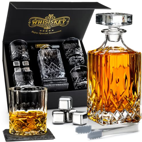 Whisiskey - Decantador de Whisky - Jarra de Whisky - Classic - 800ml - Regalo Hombre - Cubitos Hielo Reutilizables - Regalos Originales para Hombre - 4 Vasos de Whisky, 4 Piedras de Whisky y Posavasos