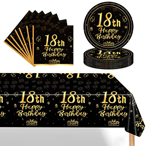 POPOYU 37Pcs Black Gold 18th Birthday Tableware Set,Happy Birthday Party Dinnerware Set,Black Gold Paper Plates 7 Inch Napkins Table Cloth for Boys,Girls,Him,Her 18th birthday Gifts Party Supplies