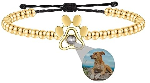 Liskanap Foto Armband Runde Perle Projektion Armband Personalisierte mit Eigenen Bild im Stein Lupe Pfote Foto Armbander Versteckte Fotoarmband für Damen Frauen Herren Männer Silber Rose Gold Schwarz