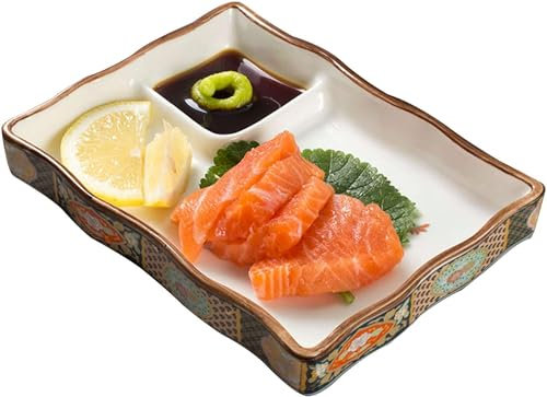 Serving Tray，Divided Dinner Plates,Chinese Court Style Serving Tray with Sauce Dipping Saucer, Rectangle Ceramic Dinner Plates, Starters Serving Plates, Chips & Dip Tray, Microwave and Dishwasher -Rec