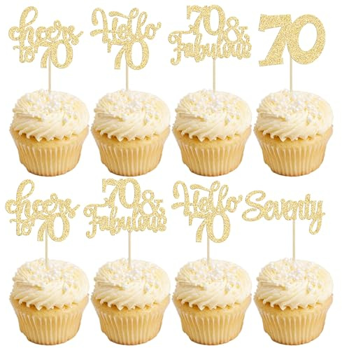 30Pcs Happy 70th Birthday Cupcake Toppers Seventy Cheers to 70 Years Old Birthday Cupcake Picks for 70th Birthday Anniversary Party Cake Decorations Supplies Gold Glitter