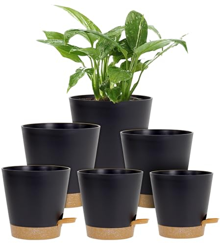 Homeuouz 6 Pack Self Watering Plant Pots Indoor-20/17.5/16.5/15/14/12.5CM Plastic Flower Pots with Drainage Holes, Saucer & Reservoir, for House Plants, Herbs & Succulents, Black