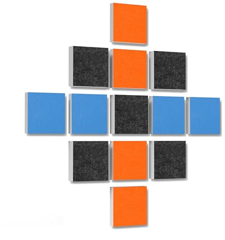platino24 Akustikpaneele 13 Elemente 3D-Set Colore Quadrat 27,5 x 27,5 cm Multicolore I Schallabsorber aus Basotect G+ mit Akustikfilz I Schalldämmung Wand & Decke I Akustikelemente Wandpaneel