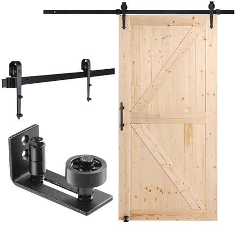 VEVOR Barn Door and Hardware Kit, 42 x 84 Wood Sliding Barn Door, Smoothly and Quietly, Barn Door Kit with Floor Guide and Door Handle, Spruce Wood Panelled Slab, Easy to Install