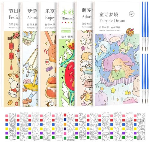 KAYSENSUK 6 Stück Malblock Kinder Wasserfarben Mit Aquarellpapier & Aquarellpinsel, Aquarellblock & Aquarellbuch, Watercolor Block & Wassermalfarben, Block mit Wasserfarbe, Aquarell & Kindermalfarben