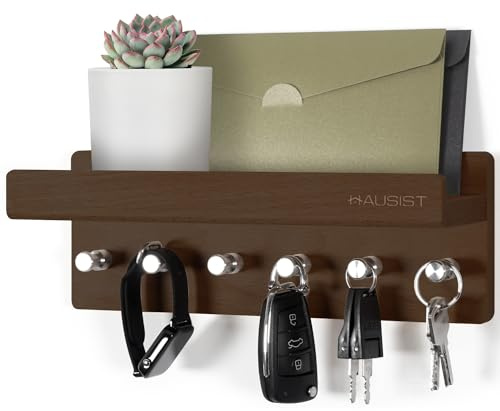 HAUSIST Schlüsselbrett Holz mit Ablage, Schlüsselablage Wand | 6 Edelstahlhaken, Buche Schlüsselhalter, Modern, für Flur, Eingang, Wohnzimmer, Schlafzimmer, Küche, Ordnung, Dekoration