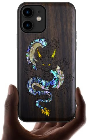 Carveit Étui pour iPhone 11 Coque [Gravure en Bois et Incrustation de Coquille] Cover Compatible avec Apple 11 Etui Bois Luxe et Case (Bois Sombre-Le Dragon Oriental)
