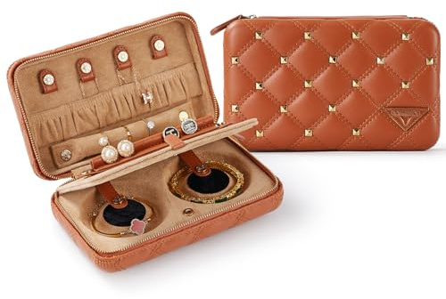Vee Kleine Schmuckkästchen für Damen,Tragbarer Reise Schmuckaufbewahrung Diamant gestepptes Leder Schmuckbox für Armbänder, Ringe, Halsketten,Geschenkidee (Braun)