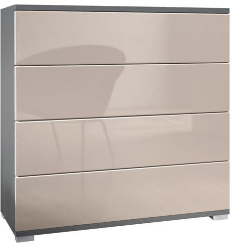 Vladon Kommode Pavos V3, Sideboard mit 4 Schubladen Anthrazit matt/Sandgrau Hochglanz (76 x 76 x 35 cm)