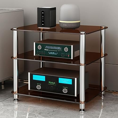 JIAOCKJIAO Audio Rack Hi Fi Regal, Phonoschrank mit Regalen aus Gehärtetem Glas, Moderner Plattenspieler Regal mit Reichlich Stauraum, Offener Record Player Stand(Brown,3 Tier 60x48x56CM)