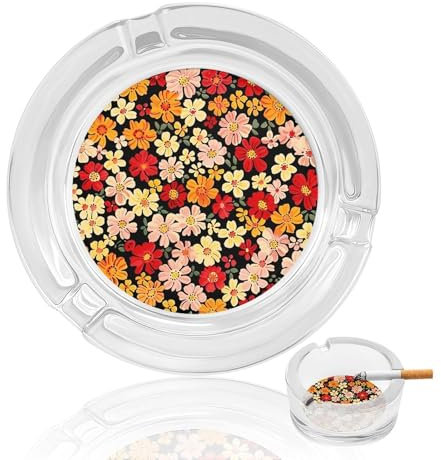 Aschenbecher aus Kristallglas, rot und orange mit Blumensprinten, runder klarer Aschenbecher, Halter, Heimbüro, Desktop-Tischdekoration, Zigarettenaschenbecher