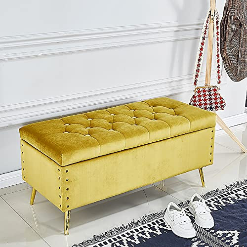 Luxuriöse Ottoman-Bank mit Metallbeinen, Bettbank für Wohnzimmer, Eingangsbereich, bequem, gepolsterte Fußstütze, Schuhbank, Goldgrün, 60 x 45 x 45 cm, Gelb, 80 x 45 x 4 cm
