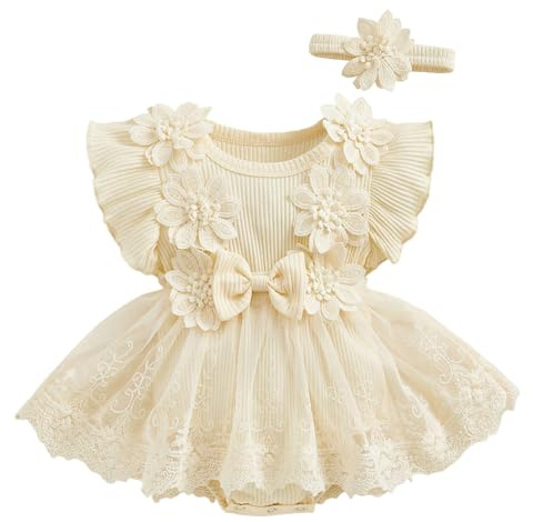 AIEOE Kleider für Baby Mädchen Taufkleid Baby Mädchen Ärmelloses Kleid aus Geblümter Spitze+ Stirnband Outfit Beige 0-3 Monate