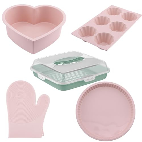 Ensemble de Cuisine en Silicone 5 pièces – Moule en Forme de Cœur, Moule à Tarte Classique, Moule 6 Cavités pour Muffins, Mitaines de Four Chef et Boîte de Transport pour Gâteau - Écologique (Rose)