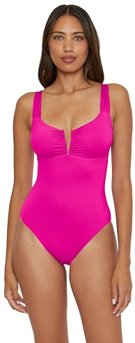 Becca Women's Color Code V-Wire Shirred One Piece Swimsuit, Plunge Neck, Bathing Suits, Azalea, Medium
