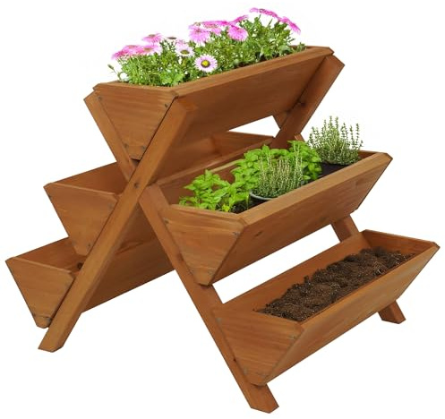 Mendler Fioriera a scala HWC-O15, per erbe piante giardino ripiani rialzati, 5 vasi 56x56x70 per esterno legno MVG - naturale