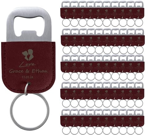 50 Pcs Décapsuleurs Personnalisés pour Cadeaux de Mariage, Ouvre Bouteille en Cuir, Porte-Clés Personnalisé, Logo de Texte Gravé, Bordeaux