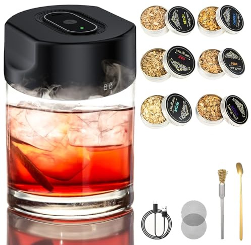 Elektrischer Whisky Smoker Set, Cocktail Smoker Kit mit 6 Holzchips, Altmodisches Whisky Räucher set, Whiskey Smokers Drinks Kit Cocktail Zubehör für Whiskey, Getränke und Bourbon, Geschenk für Vater