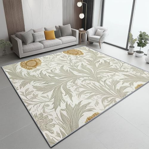 Alfombra 80 X 150 Cm Estilo William Morris Hierba Rizada Flores – Pelo Corto Lavable Y Antideslizante, Alfombra Moderna para Sala, Dormitorio, Comedor – Beige Dorado Decoración Habitación