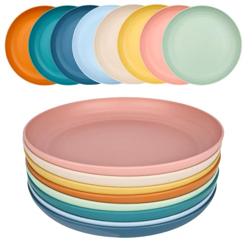 elthmpr Plastikteller Mehrweg Set - 8er Kunststoff Teller 23cm Essteller Leicht Stapelbar, Wiederverwendbar, Bunte Mehrweg Platten für Abendessen, Party, Camping, Picknick, Spülmaschinenfest