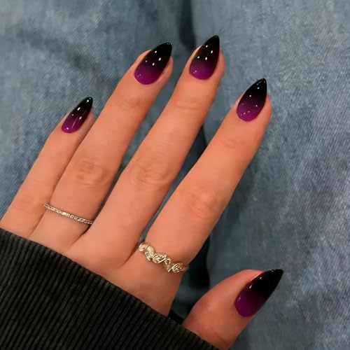 KQueenest Soft Gel Press on Nails Kurz – Ombré Violett Schwarz Nägel zum Aufkleben Kurz Mandel, French Fake Nails, Glänzend Natürlich Farbverlauf Künstliche Nägel Set für Frauen, 30 Stück