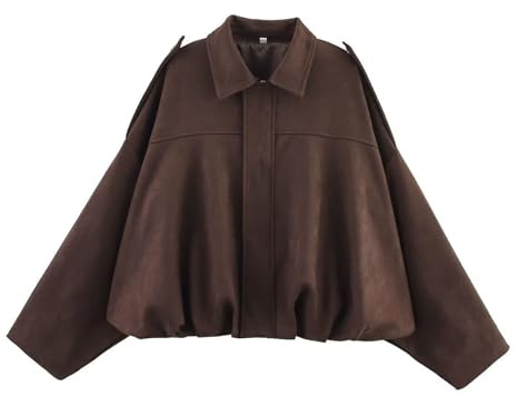 Generico Bomber Donna in Finta Pelle Scamosciata con Risvolto con Cerniera, Maniche Lunghe, Casual, Corto,Streetwear, Bomber per Primavera e Autunno