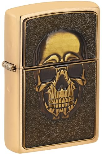 Zippo Encendedor Resistente al Viento, Calavera en Relieve, latón Cepillado, Emblema, Recargable, Reutilizable, diseño Resistente al Viento, Caja de Regalo, Fabricado en Estados Unidos