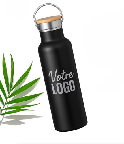 mabouteille.fr Gourde personnalisable Gravure Laser - Gourde isotherme 500ml Double Paroi avec Bouchon Bambou [Bouteille isotherme 500ml] (Noire)