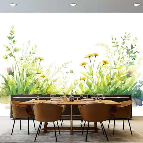 Carta da parati Stile Acquerello Motivo Fiori Selvatici E Prati, 200 x 140 cm Bianco Verde Carta da parati fotografica personalizzata in tessuto non tessuto per soggiorno e cameretta dei bambini