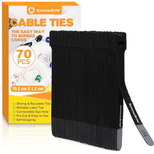 Summerbrite 70 Piezas Bridas para Cables, 15 cm, Negro | Etiquetas y Bridas 2 en 1, Reutilizables, Gestión de Cables para Hogares y Oficinas