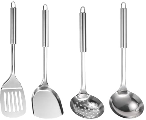 Juego de utensilios de cocina de acero inoxidable 4 unids/set espátula de acero inoxidable resistente al calor cucharón de sopa para colgar en la pared para utensilios de wok chino accesorios cucharó