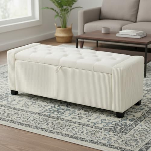 AllE quip Sitzbank mit Stauraum, Aufbewahrungsbox mit Deckel, Klappsitz, 109 x 40 x 40 cm, gefaltetes Tuch, für Wohnzimmer, Flur, Schlafzimmer, beige weiß (gefaltetes Tuch beige weiß)