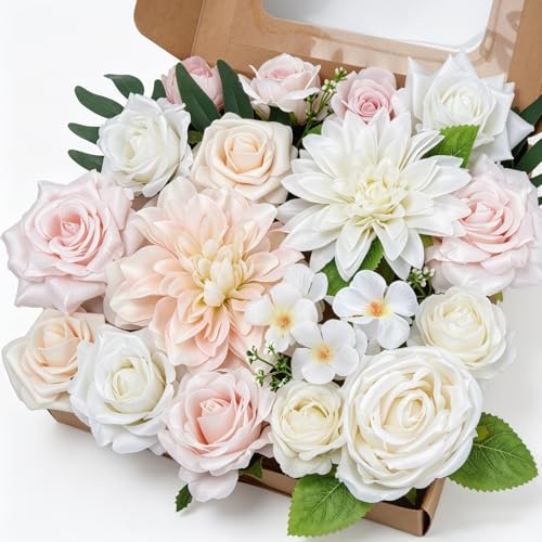 Fairblo Combinación de Flores Artificiales Decoracion Rosas Peonía Rosas Dalias Artificiales Tallos y Hojas Flores Falsas para DIY Ramo Artificial Boda Tarta Fiesta Guirnalda Decoración