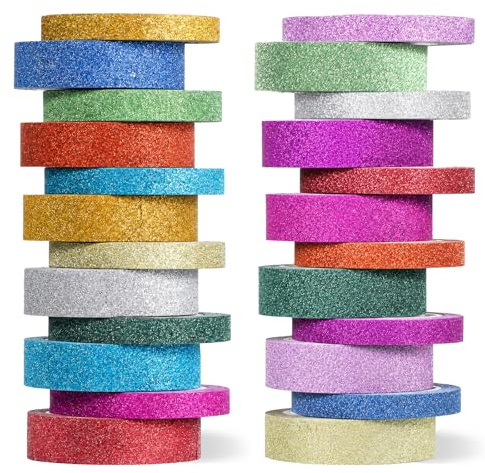 HJZHII 24 rullar glitter washitejp, 5 mm/10 mm bred färgglad tejp glittrande washitejp maskeringstejp färgad färgglad tejp dekorativ tejp för gör-det-själv-hantverk scrapbooking planerare förpackning