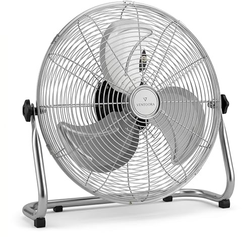 VENTOORA Floor Fan 18 Inch High Velocity Chrome Fans & Cooling – Industrial Metal Fan with 3 Speeds, Adjustable Tilt Head, Powerful Air Circulator Floor Fan for Gym, Warehouse, Home or Office