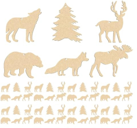 KJHBV 60stücke Teiliges Unvollendeter Holzanhänger Waldtiere DIY Bastel holzscheiben zum Bemalen Naturbelassene Tierfiguren aus Holz für Kreative Kinderparty Festdekoration