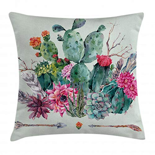 ABAKUHAUS Kaktus Kissenbezug, Dornige Boho-Blüten, Dekorative Kopfkissenhülle mit Beidseitigem Druck Reißverschluß Waschbar, 40 x 40 cm, Grün Magenta