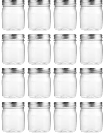 novelinks 8 oz Clear Plastic Jars with Airtight Lids, 16 Pack Plastic Mason Jars with Lids 8oz, Refillable Storage Slime Containers & Small Spice Jar for Kitchen Organization (16 Pack,Silver)