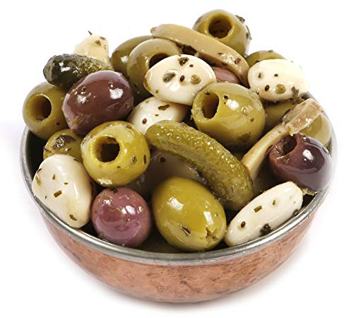 Dorri - Marinated Mixed Olives Basil and Garlic (Santorini) 500g | Premium Green and Black Olives, Greek Olives, Pickled Garlic, Healthy Party Snack (Available from 250g to 3kg)