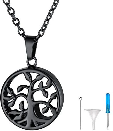 FindChic Personalisierter Memorial Urnen Anhänger Halskette Edelstahl Lebensbaum/Quader/Herz/Sanduhr/Katze Anhänger mit Trichter für Asche/Haare/Öl Charms Anhänger Gedenken für damen Herren