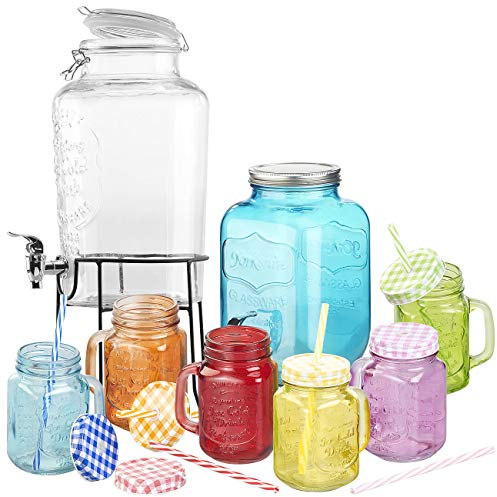 PEARL Trinkglas Deckel: 2er-Set Getränkespender mit 6 Gläsern, 4 l & 6,5 l, Einmachglas-Look (Trinkglas mit Deckel und Strohhalm, Zapfhahnflasche, Geburtstag)