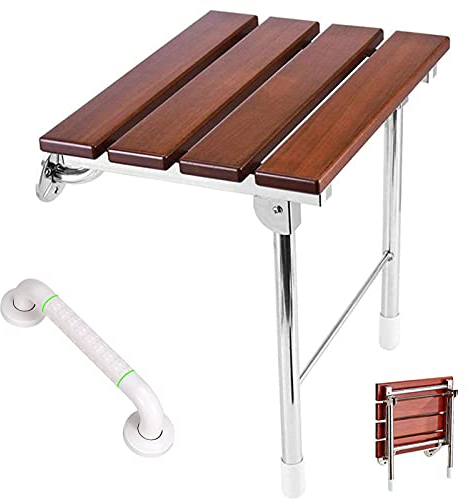 EEUK Duschhocker Duschklappsitz Klappbarer Duschsitz Wandmontage Klappsitz Bad Dusche Badhocker Holz Wandhocker Duschstuhl ​mit Freiem Handlauf, Massivholz, mit Stützbeinen, Belastung Bis 150 Kg