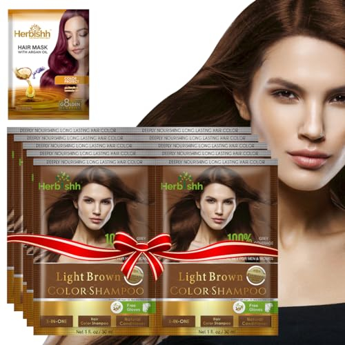 Herbishh Champú para teñir el pelo con máscara de argán, tamaño viaje, colores en minutos, color de larga duración, 10 unidades + 1 paquete, sin amoniaco (Light Brown)