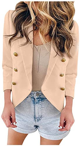 HHMY Blazer - Chaqueta de mujer elegante, con dos filas de botones de solapa, clásica, vintage, elegante, para oficina, bolero con bolsillos, Slim Fit, beige, S