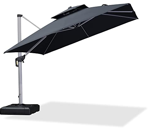 PURPLE LEAF Sonnenschirm Balkon 300 x 300 cm Ampelschirm Drehbar Marktschirm Groß 360° Rotation, Gartenschirm mit Kurbel, XXL Sonnenschutz UV50+, Grau