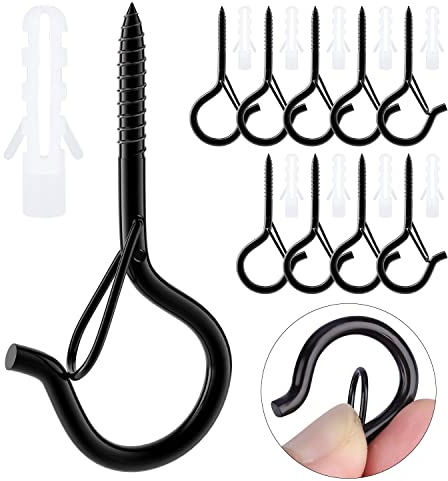 MOGADEE® 10 Stück Schraubhaken Edelstahl Schwarz, Schraubhaken mit Sicherung, Haken zum Schrauben, Deckenhaken, Hakenschrauben zum Aufhängen Pflanzenkörben Weihnachtsdekoration Christmas lights