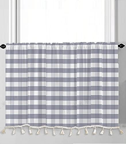 A.Monamour Gardine Scheibengardinen Kurzstores Grau Kariert Gingham Muster Bauernhaus Kurzvorhang Kurzgardinen Küchengardine Küchenvorhang Volants Küche Fenster Kurz Vorhang Bistrogardine
