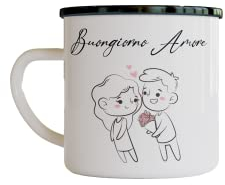 Tazza in Alluminio Smaltato Personalizzata – Disegni di Coppia, Animali, Erbe e Spezie – Con Frase Personalizzata – Idea Regalo Compleanno, Anniversario, San Valentino, Festa Mamma o Papà