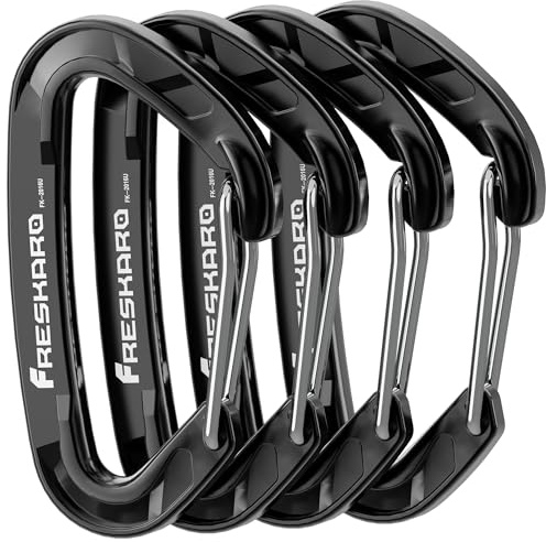 FresKaro 15kN Heavy Duty Wiregate Carabiners Clips, Wire Gate Spring Snap Quick Draws, for Camping Hiking, Hammocks, Aluminium Caribeaners for Backpacking and Dog Leash, 4Pack, Black, Medium Size