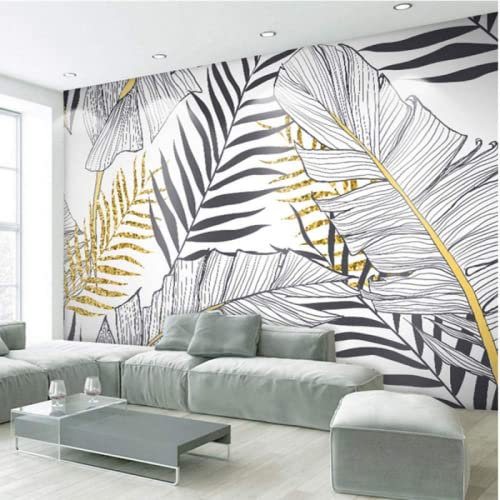 Papier Peint 3D Intissé Feuille D'Or Noir Et Blanc Nordique Simple Papier Peint Panoramique 3D Moderne Décoration Murale